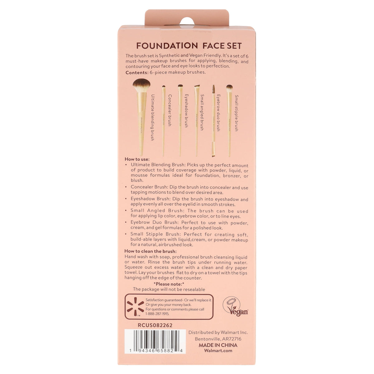 Walmart 6 Piece Foundation Makeup & Cosmetic Brush Set, Gold